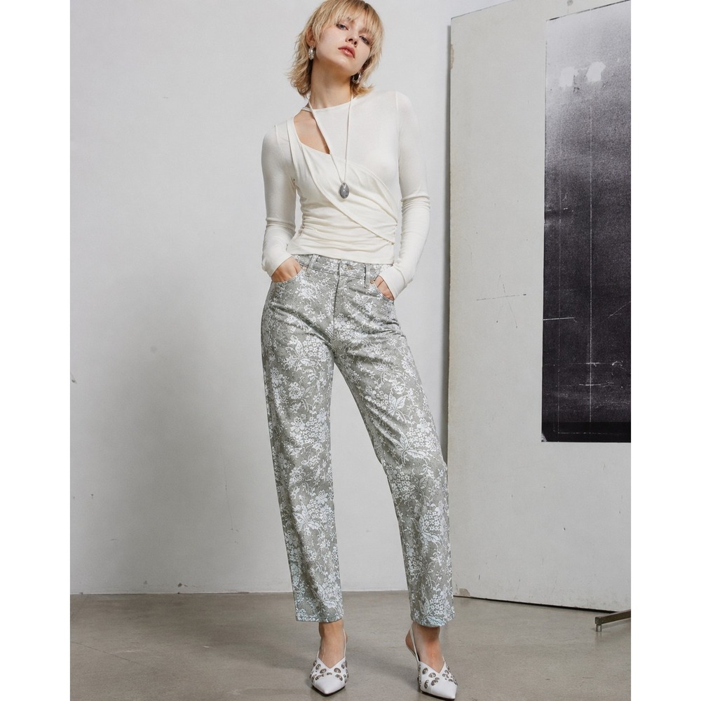 7 For All Mankind Floral Print Skinny Jeans Grey White Mid Rise Size 30